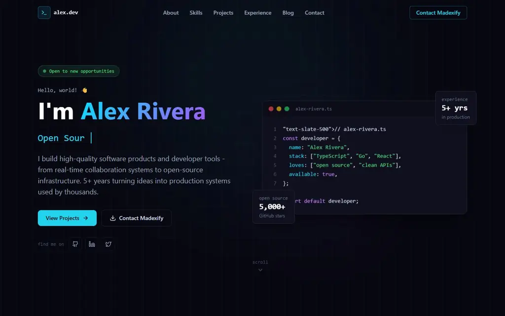Alex Rivera developer portfolio with a code window hero