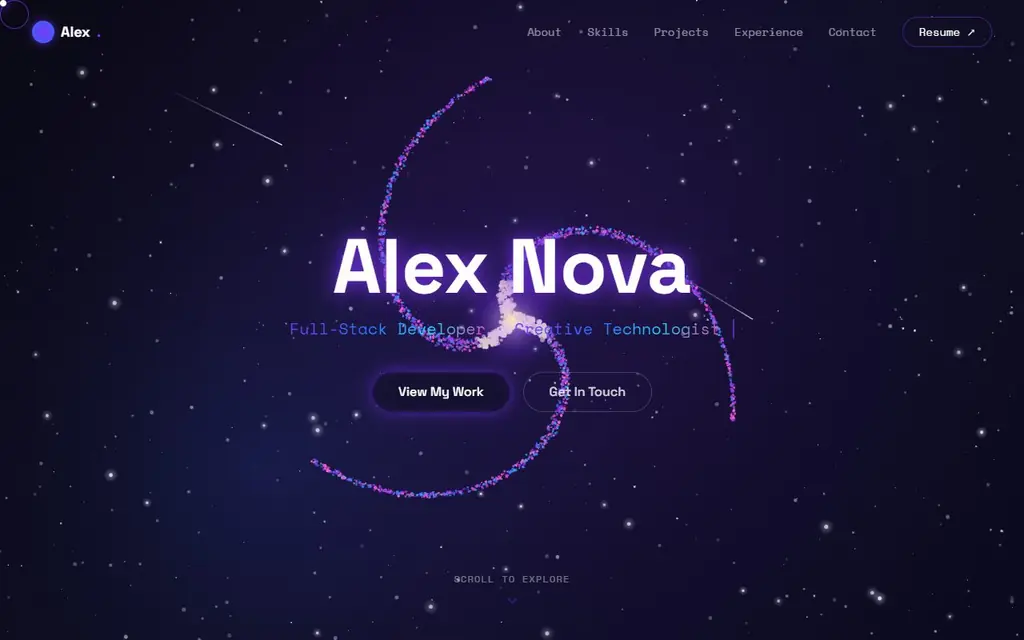 Galaxy portfolio: a glowing particle galaxy behind the name Alex Nova