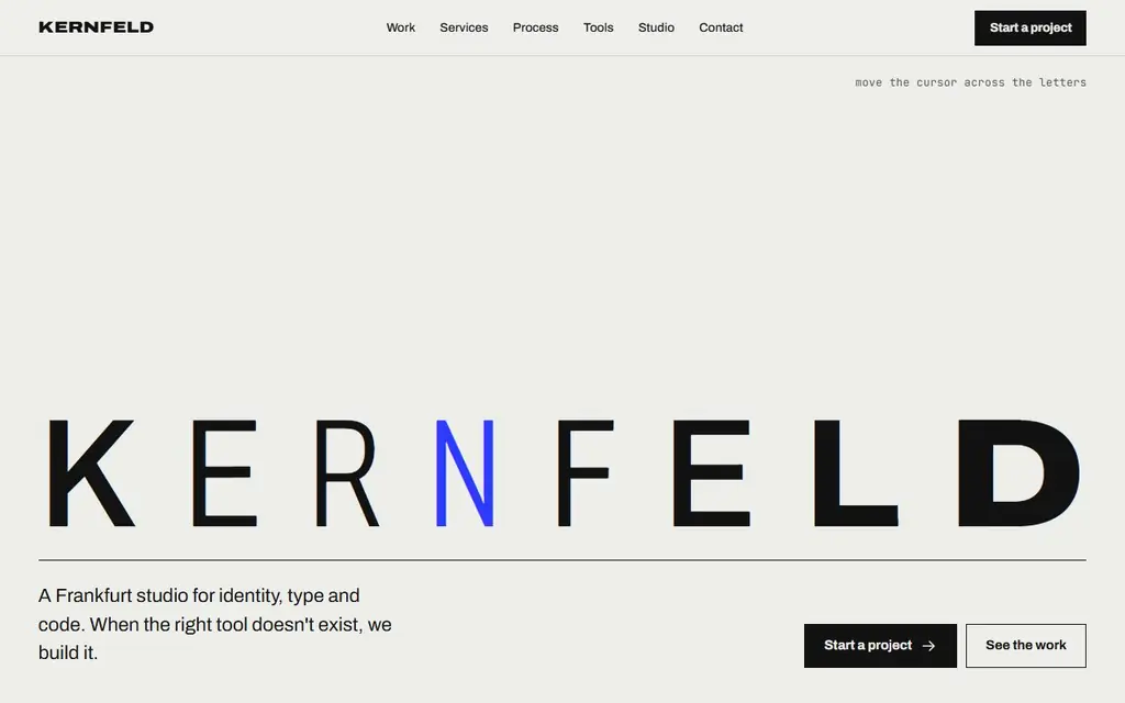 Kernfeld design studio site with a giant kinetic wordmark