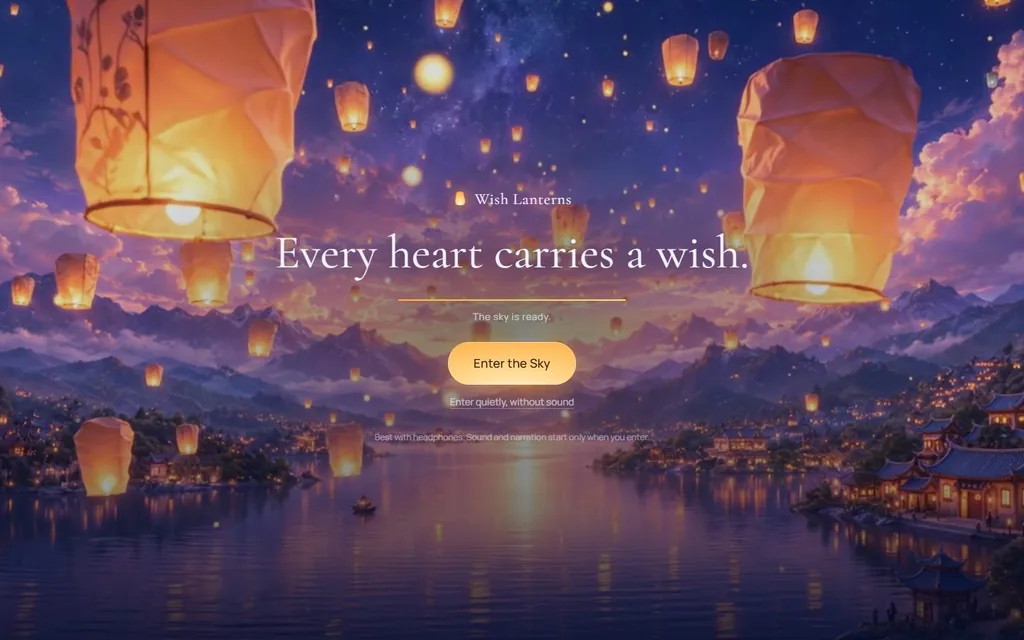 Wish Lanterns: glowing paper lanterns rising over a mountain lake at night