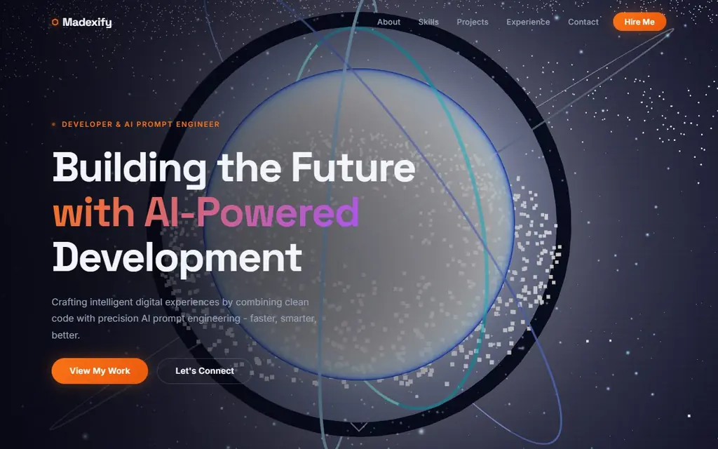 Motion portfolio with a wireframe globe and the headline Building the future with AI-powered development