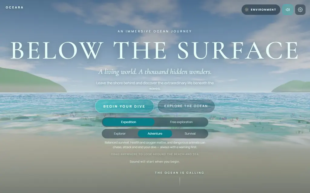 Oceara: a sunlit shoreline above the ocean surface