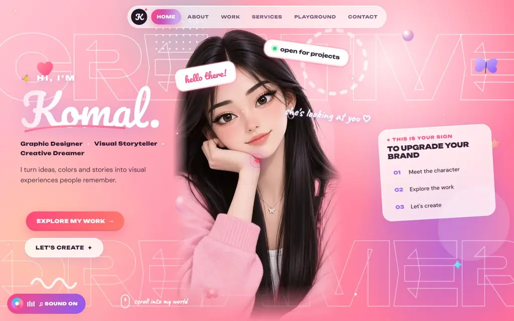Scrollytelling showcase: an illustrated designer character on a pink portfolio page