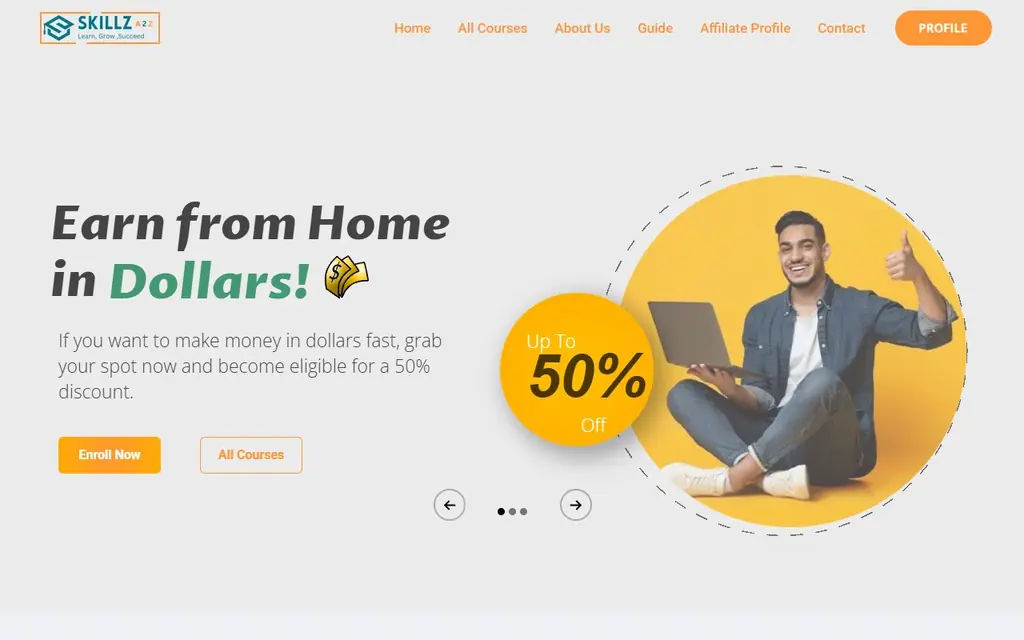 SkillzA2z learning platform homepage with the headline Earn from home in dollars