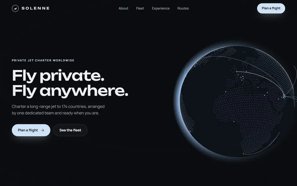 Solenne Jets private charter site with a dotted 3D globe and flight routes