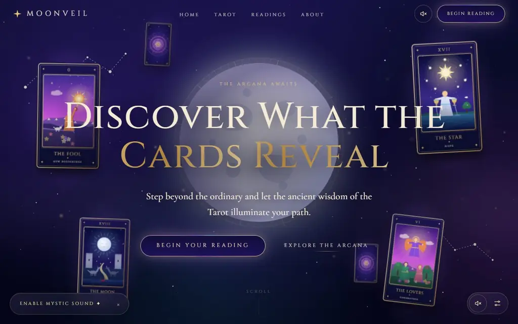Moonveil tarot site with floating cards and the headline Discover what the cards reveal