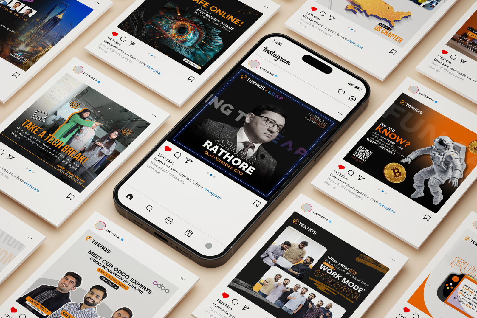 TEKHQS social media content on phone mockups
