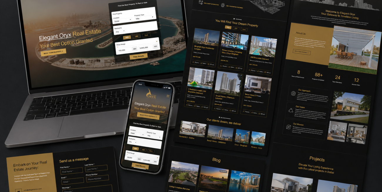 Elegant Oryx real estate website shown across desktop and mobile screens