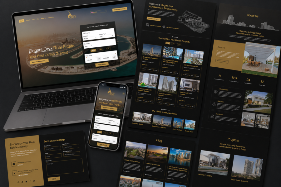 Elegant Oryx real estate website shown across desktop and mobile screens