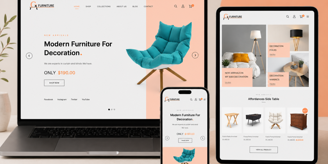 G Furniture online store shown on a laptop and phone