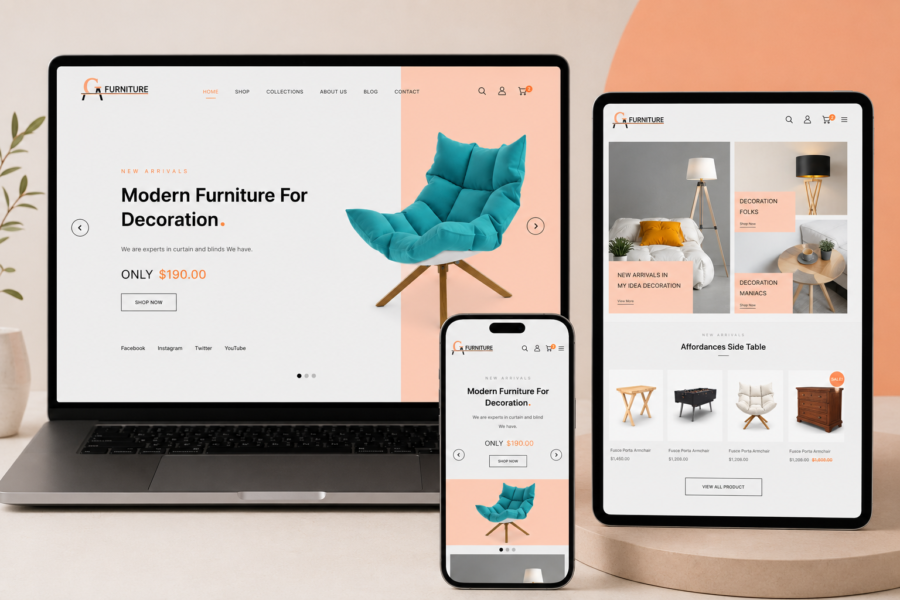 G Furniture online store shown on a laptop and phone