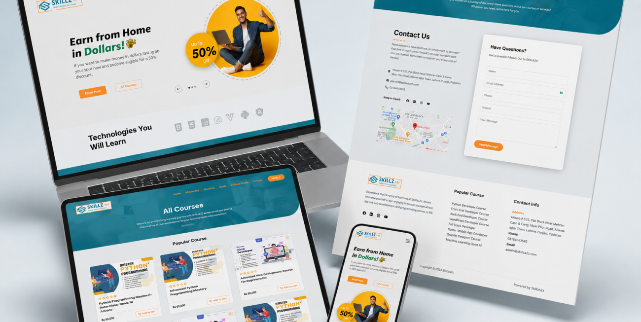Skillz A2Z learning platform shown on laptop, tablet and phone