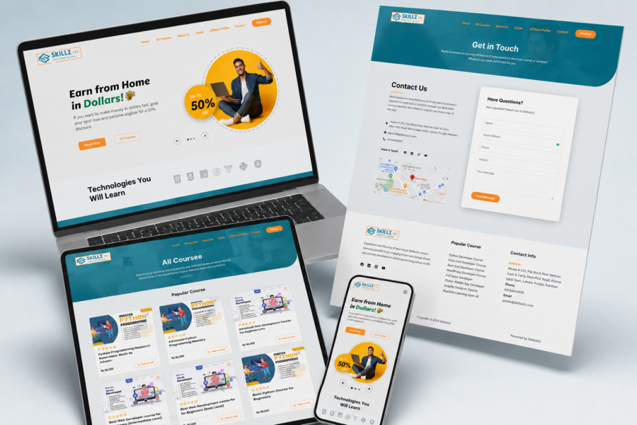 Skillz A2Z learning platform shown on laptop, tablet and phone