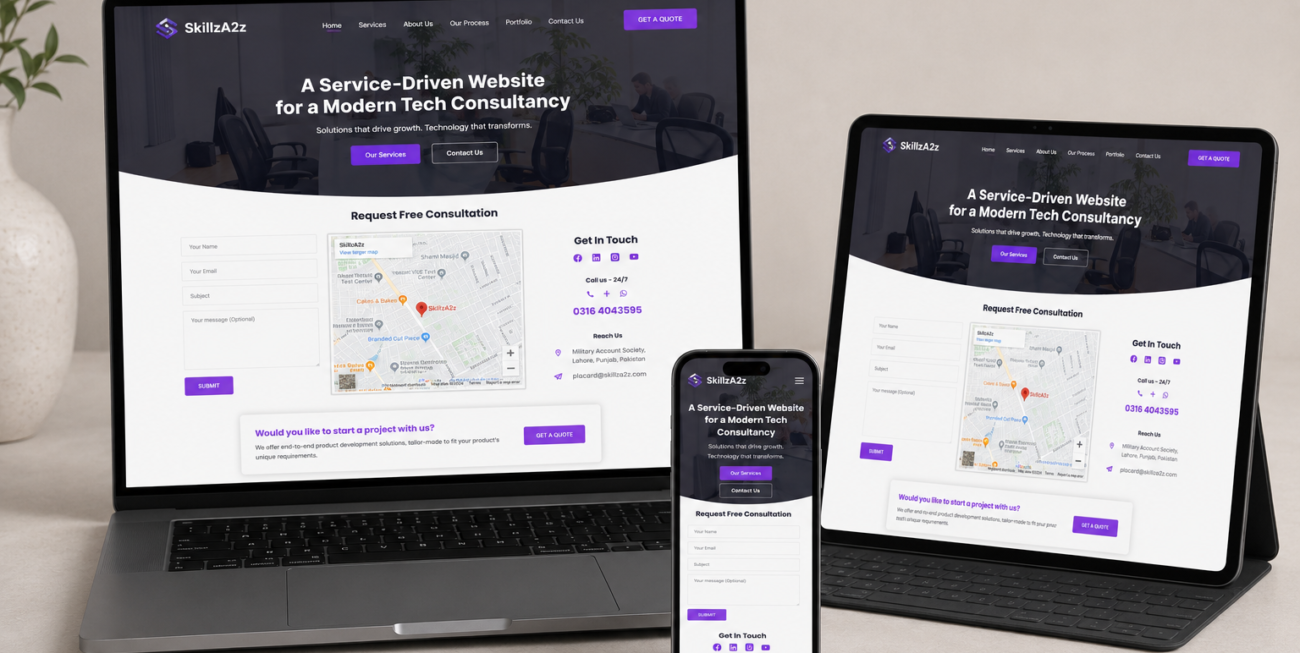 GlobiziTech consultancy website shown on laptop, tablet and phone