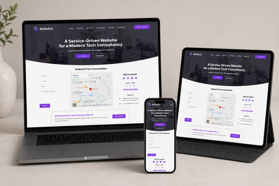 GlobiziTech consultancy website shown on laptop, tablet and phone