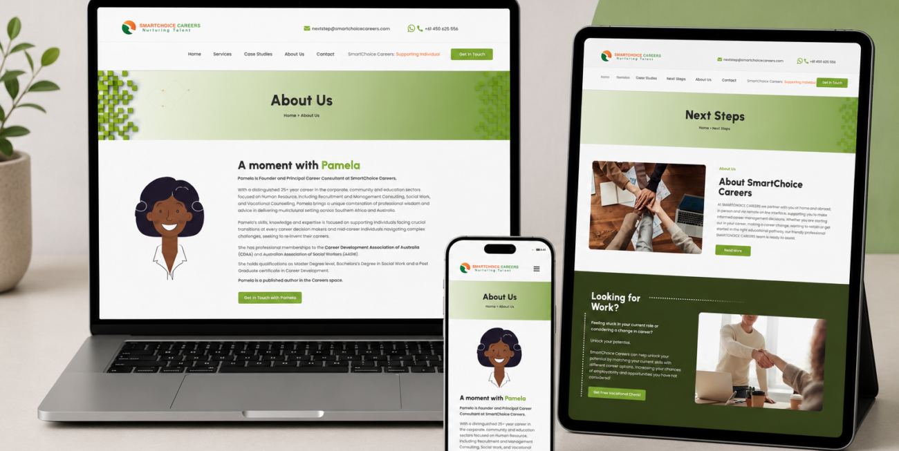 SmartChoice Careers website shown on a laptop, tablet and phone
