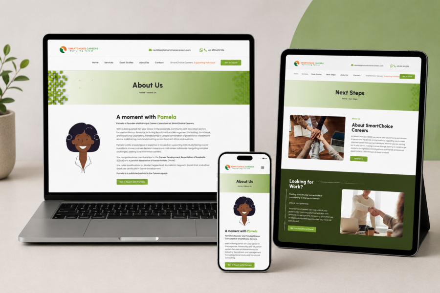 SmartChoice Careers website shown on a laptop, tablet and phone
