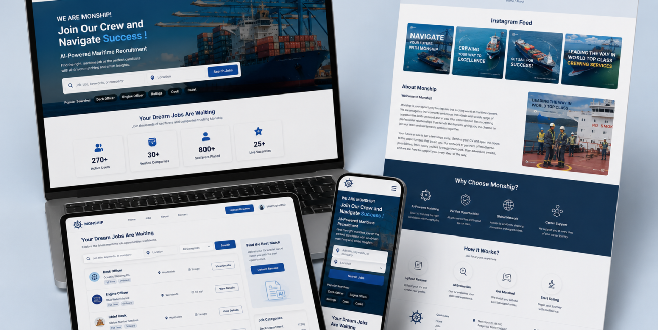 Monship maritime recruitment platform shown on laptop, tablet and phone