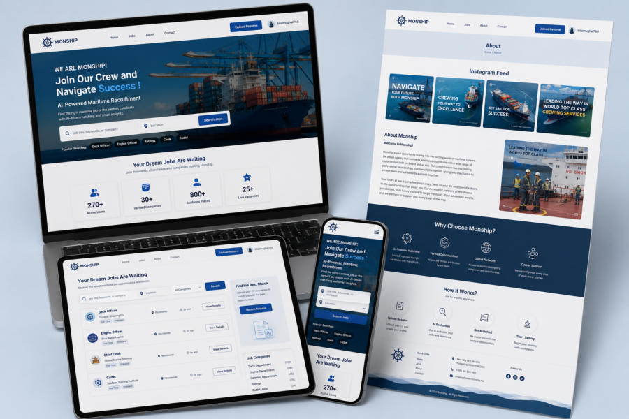 Monship maritime recruitment platform shown on laptop, tablet and phone