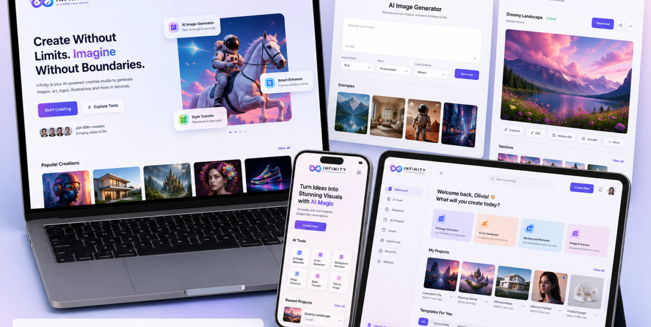 Infinity platform shown on laptop and phone reading Create without limits