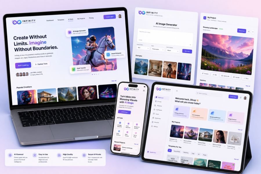 Infinity platform shown on laptop and phone reading Create without limits