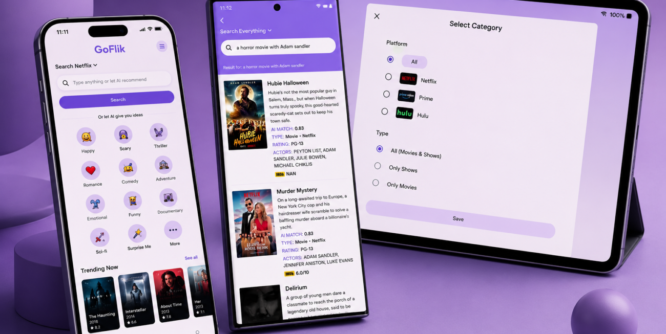 GoFlik app shown on a phone and tablet in purple studio lighting