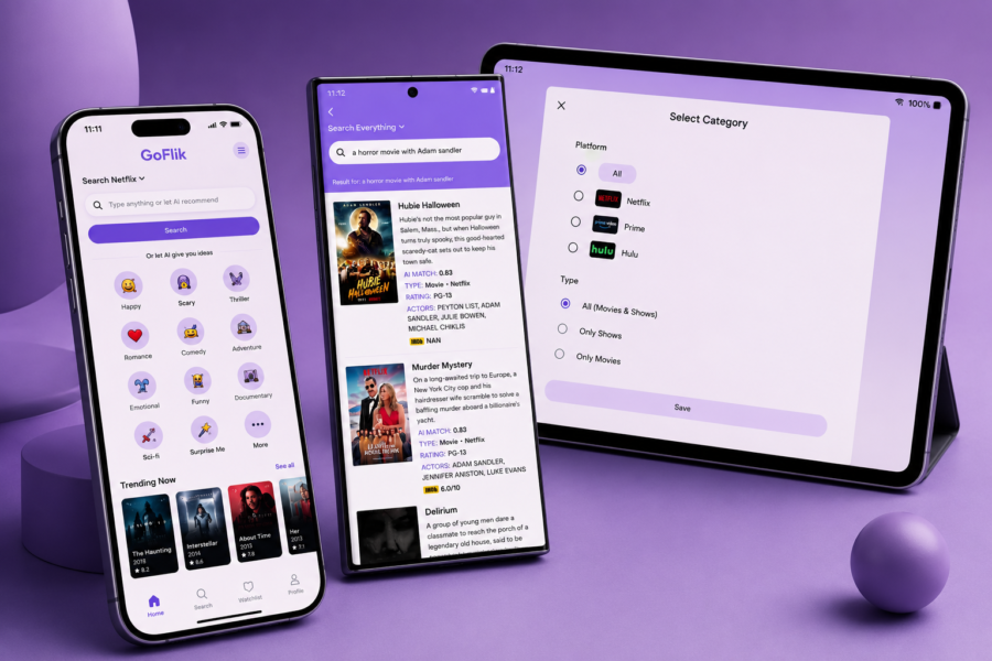 GoFlik app shown on a phone and tablet in purple studio lighting