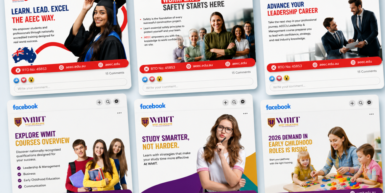 Grid of Facebook social posts designed for an education client