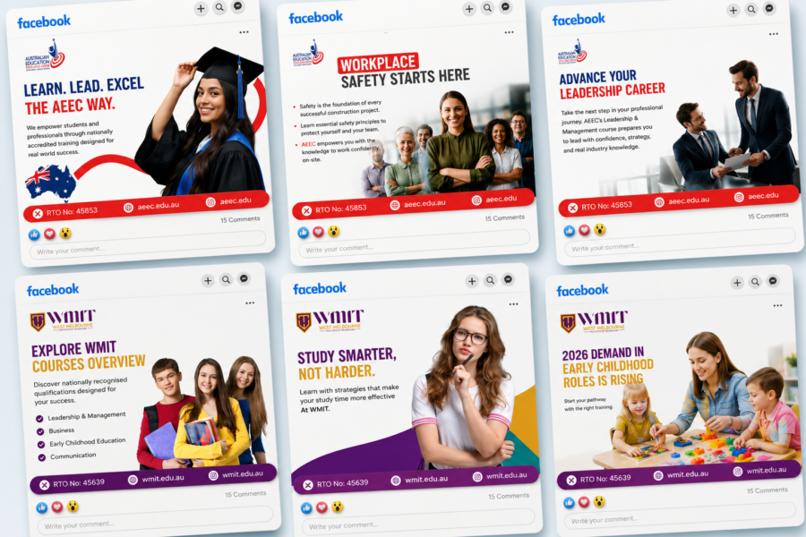 Grid of Facebook social posts designed for an education client