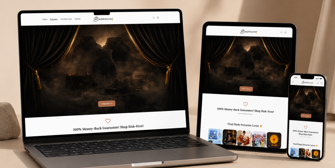 SHOPOLYST Shopify store shown on a laptop and phone
