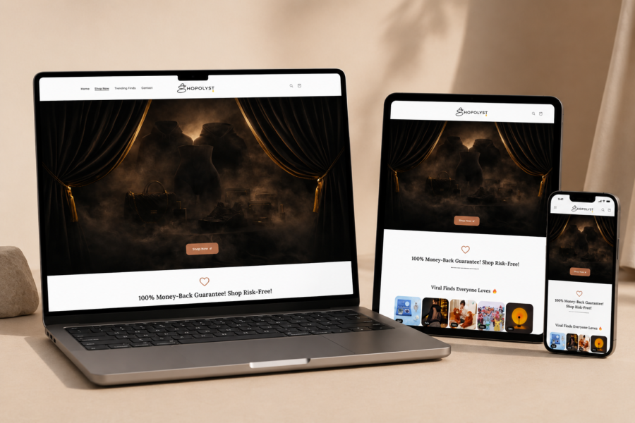 SHOPOLYST Shopify store shown on a laptop and phone