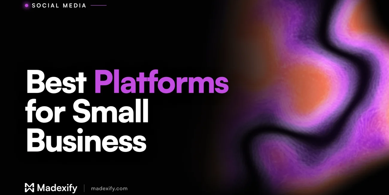 Madexify article cover reading "Best Platforms for Small Business" in white and purple type on a black background with a liquid purple and coral gradient.