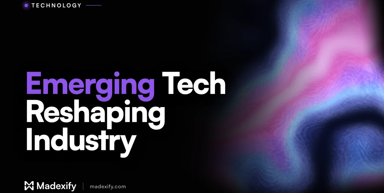 Madexify article cover reading "Emerging Tech Reshaping Industry" in violet and white type on a black background with a liquid blue and violet gradient.