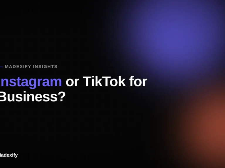 Blog cover graphic: Instagram vs TikTok for small business marketing - Madexify guide