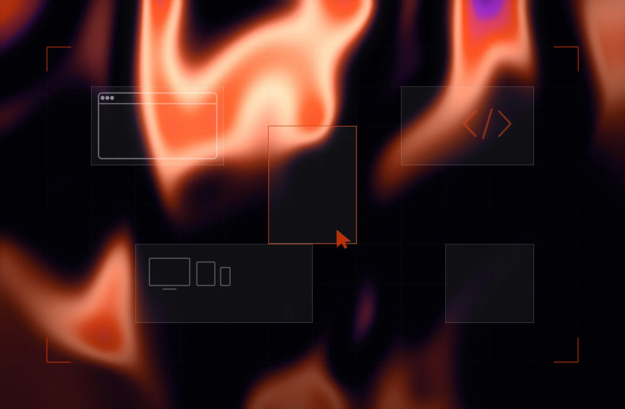 Abstract Madexify artwork of a website build - a browser frame, code brackets and layout modules over flowing purple and orange colour