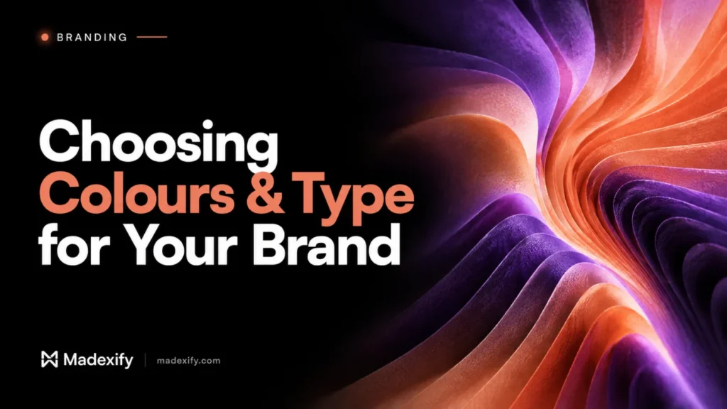 Choosing colours and type for your brand, with folded coral and purple forms.