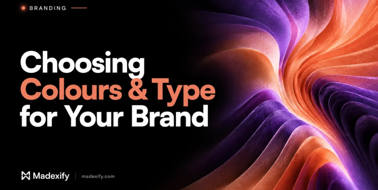 Choosing colours and type for your brand, with folded coral and purple forms.
