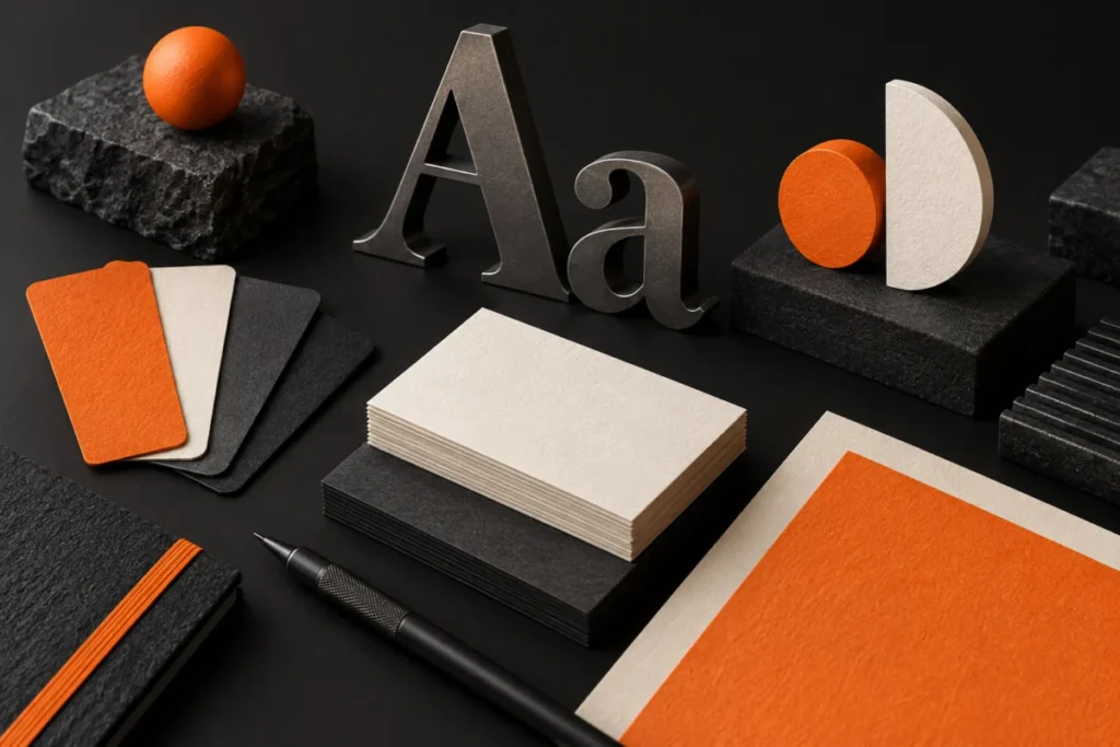 Orange and charcoal colour swatches, printed cards and typography samples
