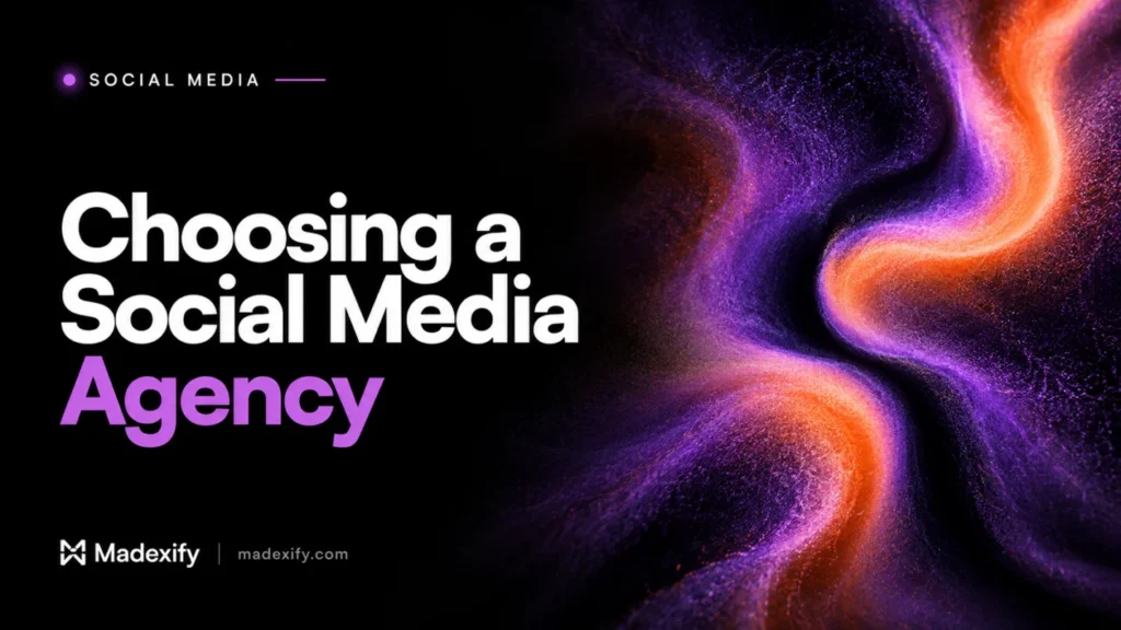 Choosing a social media agency, with sweeping purple and orange textured curves.