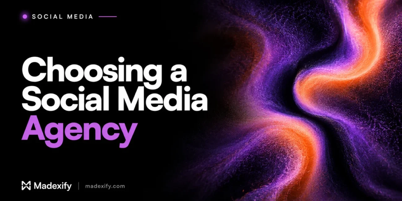 Choosing a social media agency, with sweeping purple and orange textured curves.