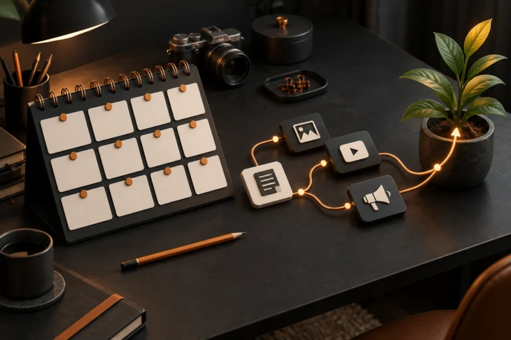 Content calendar, camera and publishing tiles connected to a growing plant