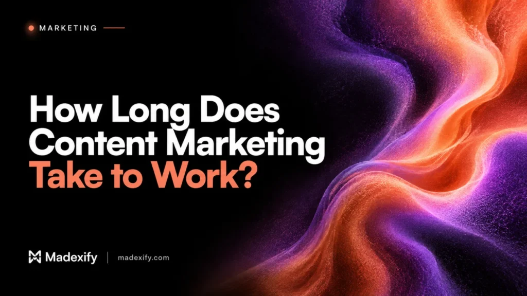 How long does content marketing take to work? Madexify guide with flowing coral and violet artwork.