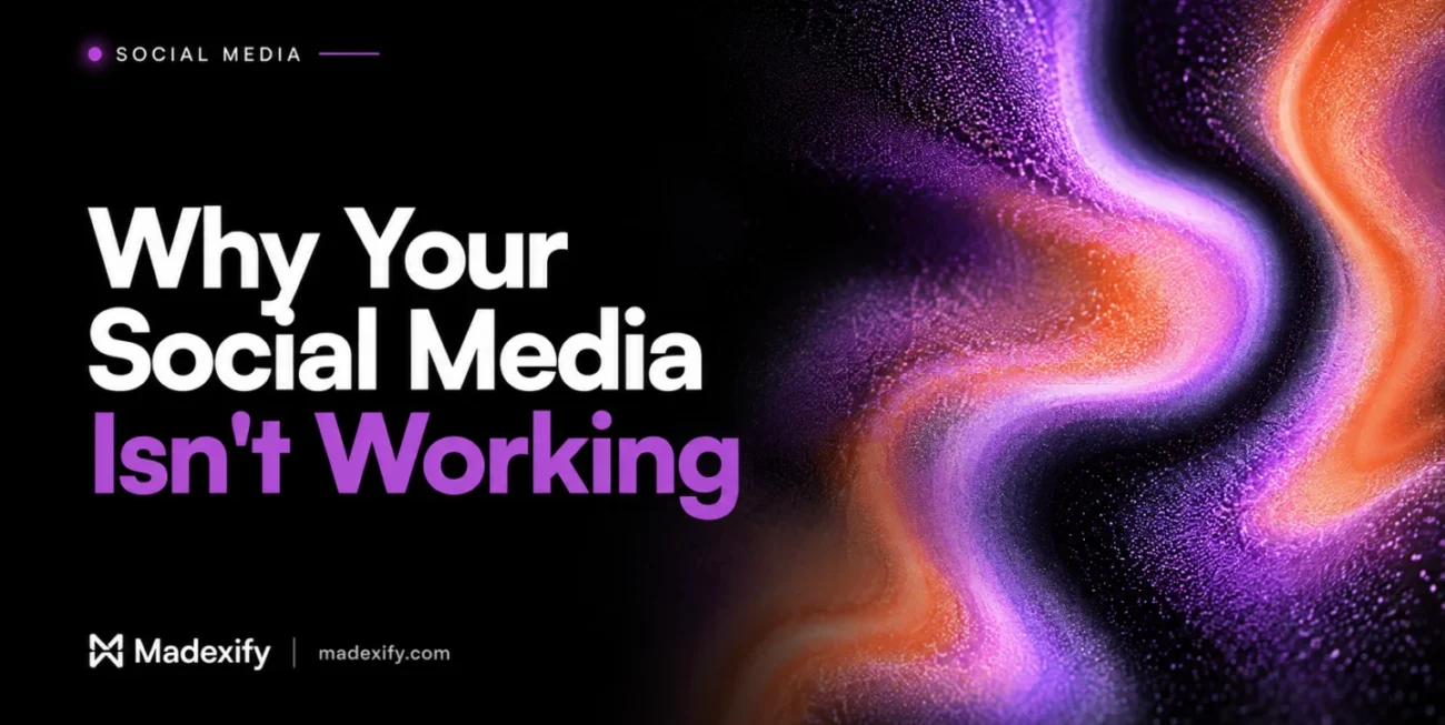 Why your social media isn't working, with violet and orange rippling artwork.