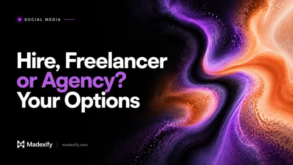Hire, freelancer or agency? Social media options with three interwoven abstract streams.