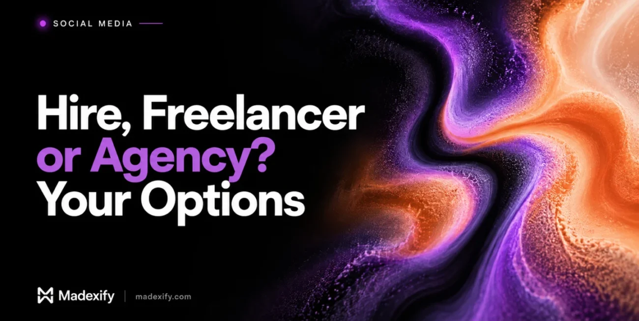 Hire, freelancer or agency? Social media options with three interwoven abstract streams.