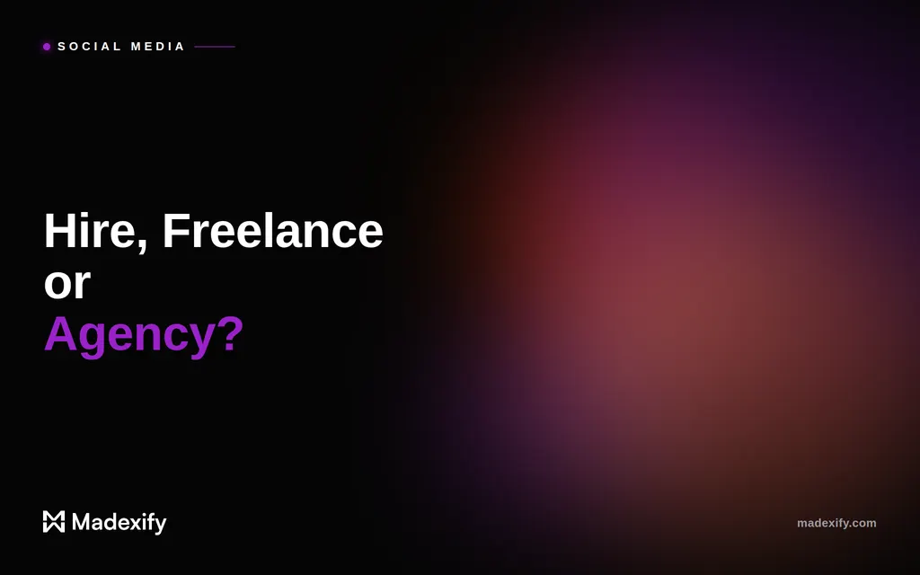 Illustration comparing hiring in-house, a freelancer, or an agency for social media