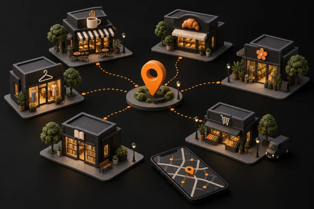Neighbourhood shops connected to an orange location pin and mobile map