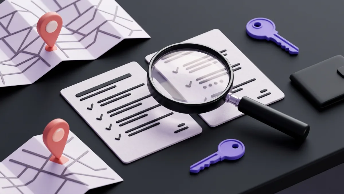 Two SEO proposal cards under a magnifying glass beside a local map pin and a key representing account ownership
