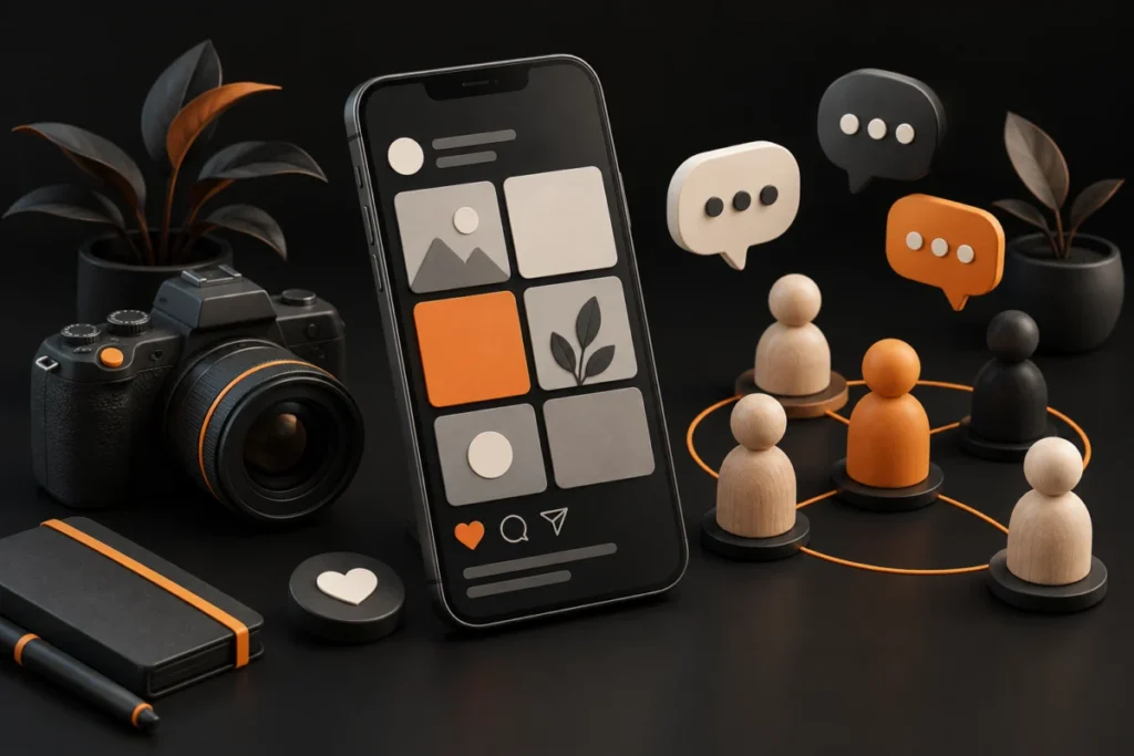 Social media phone, camera and conversation bubbles connecting a community