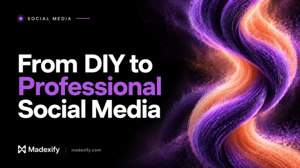From DIY to professional social media, with interwoven purple and peach ribbons.